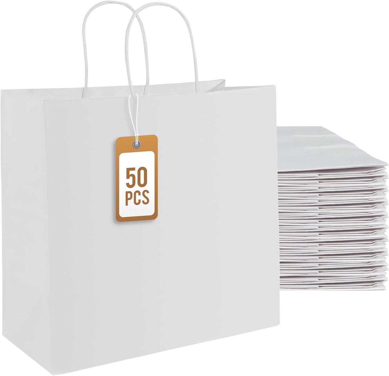 50Pcs White Paper Gift Bags with Handles, Large 11x6x11 Inch Kraft Shopping Bags for Retail, Gift Packaging, Parties, Weddings, Birthdays, Baking